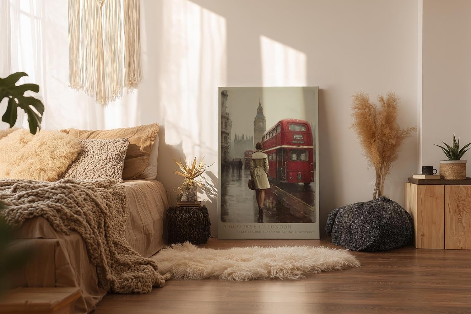 Paul Sinus Wandbild in 40x60cm A Goodbye in London – Rote Doppeldeckerbusse und Big Ben im Hintergrund, nostalgische Stadtszene im Regen