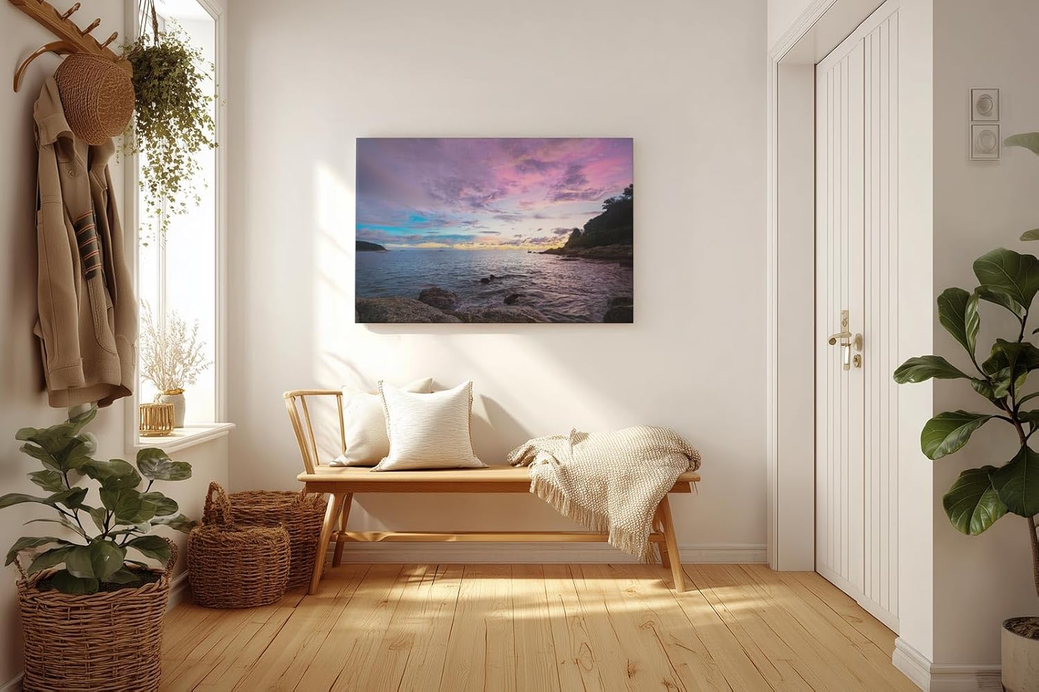 Sinus Art Wandbild 120x80cm Dramatisch ruhige Szene einer felsigen Küste bei Sonnenuntergang in pastelligen Tönen