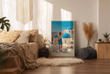 Paul Sinus Wandbild in 40x60cm A Memory in Santorini – Frau in blauem Rock und Strohhut vor weißen Häusern und blauen Kuppeln, sonnige Mittelmeeridylle
