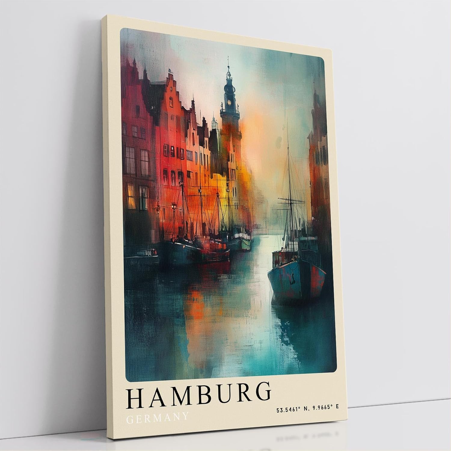 Paul Sinus Leinwandbild 80x120cm Hamburg Harbor Lights – Farbenfrohe Hafenszene mit historischen Gebäuden, Spiegelungen im Wasser