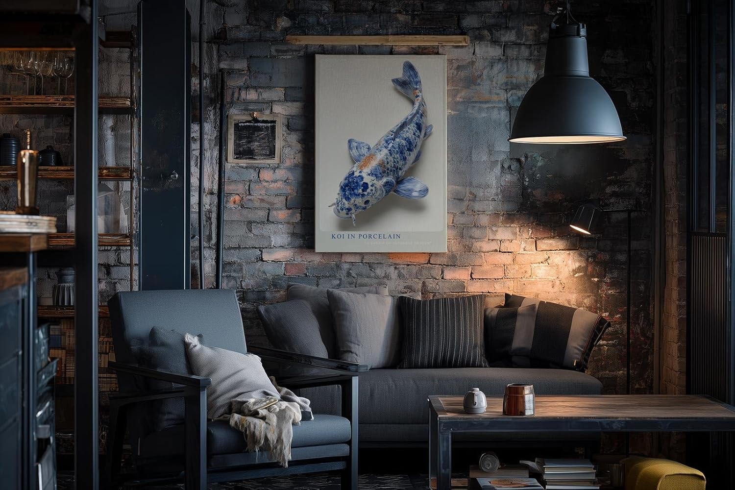 Paul Sinus Wandbild in 40x60cm Koi in Porcelain – kunstvoller Koi-Fisch in Blau-Weiß mit feinen Porzellanmustern und dezentem Farbakzent