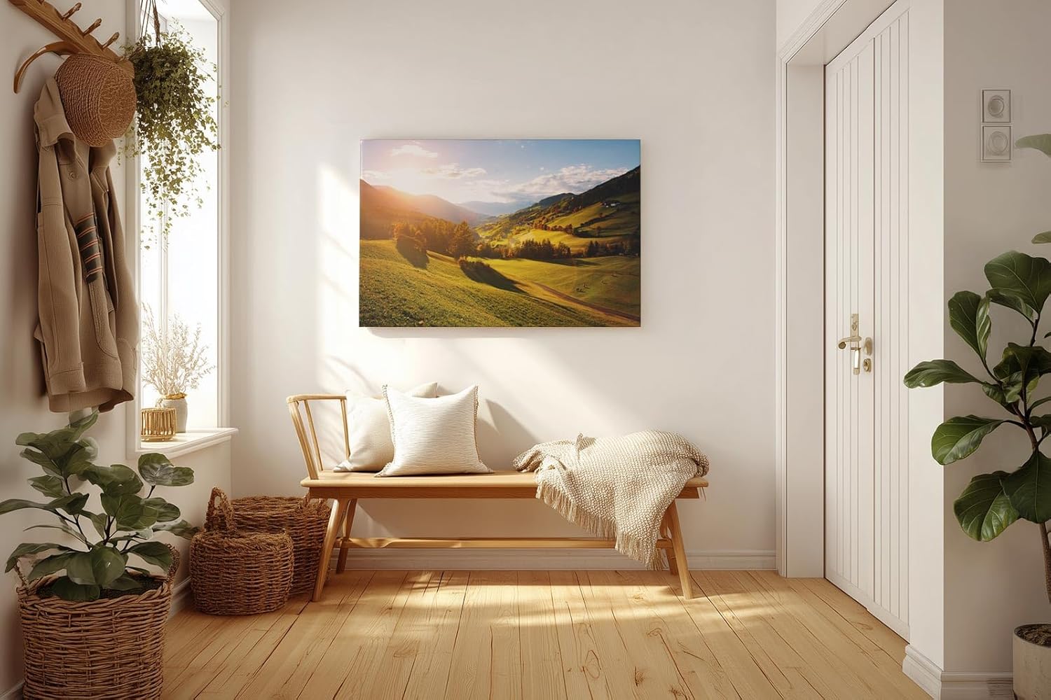 Sinus Art Wandbild 120x80cm Grüne Hügel unter strahlender Sonne mit leuchtenden Bäumen und weiter Perspektive