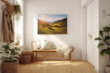 Sinus Art Wandbild 120x80cm Grüne Hügel unter strahlender Sonne mit leuchtenden Bäumen und weiter Perspektive