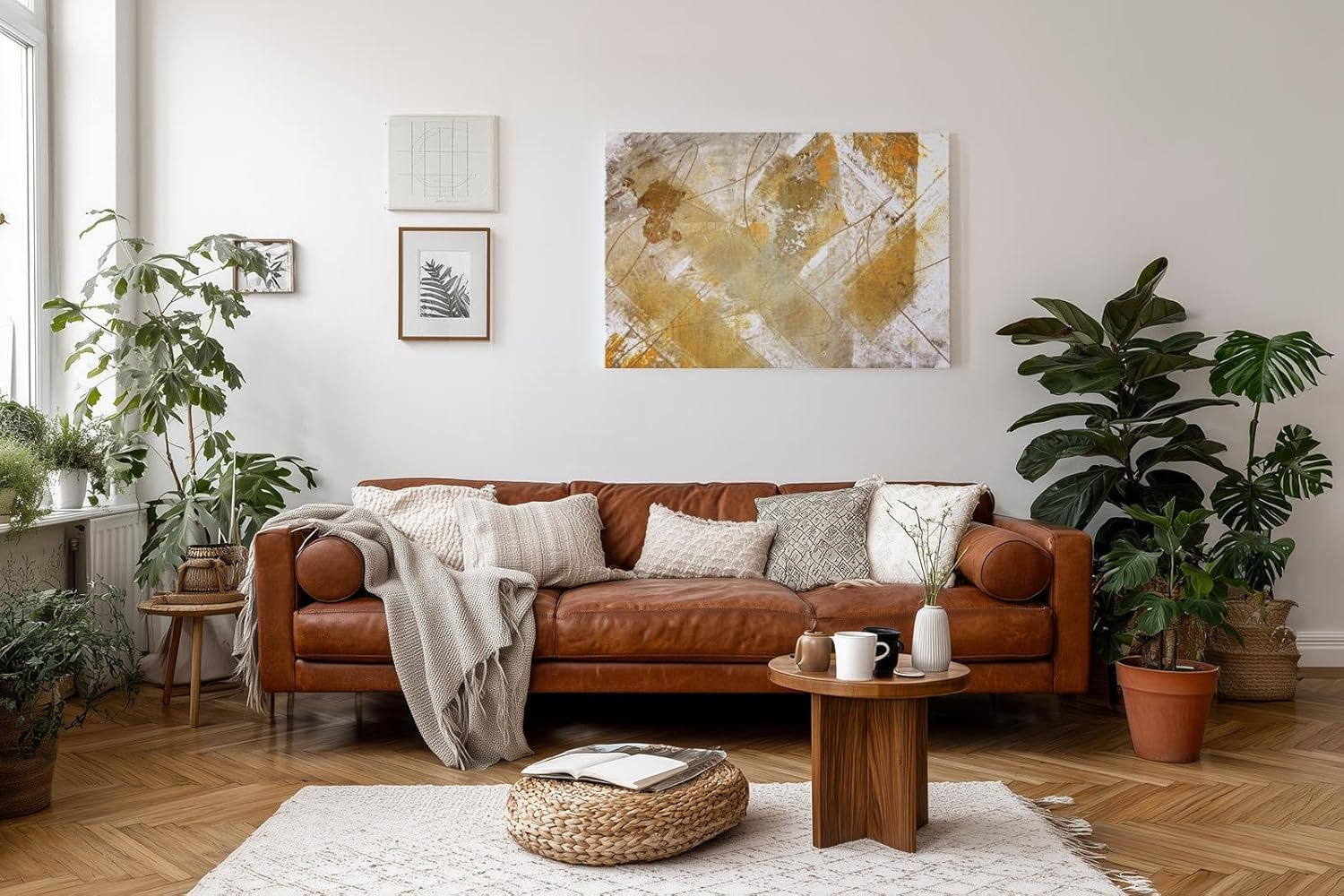 Sinus Art Wandbild 120x80cm Goldfarbene geometrische Formen und Linien auf hellem Hintergrund