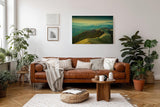 Sinus Art Wandbild 120x80cm Hügeliges Landschaftsmotiv mit natürlicher Lichtstimmung für beruhigende Raumwirkung