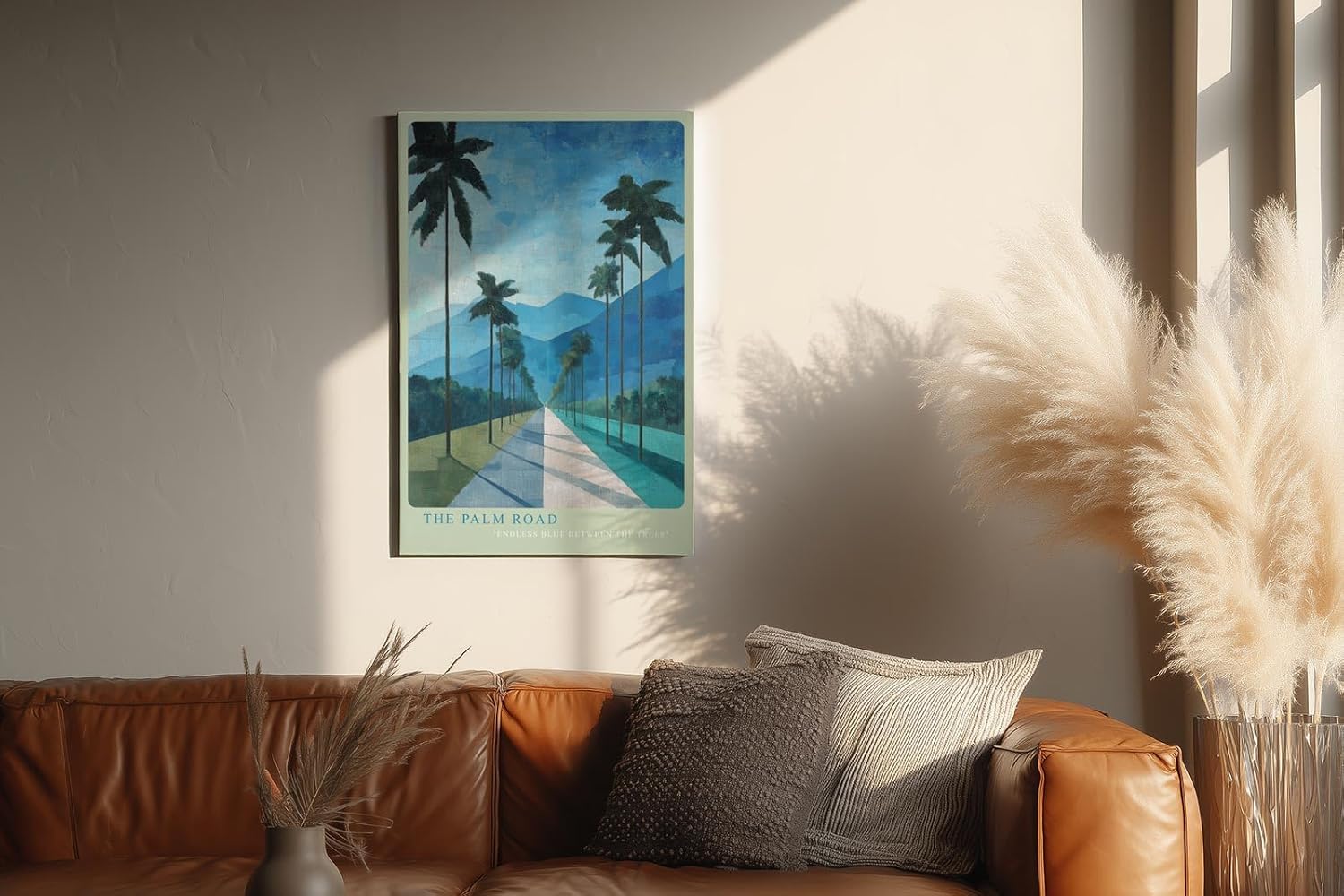 Paul Sinus Wandbild in 40x60cm The Palm Road mit malerischen Palmen und blauem Gebirgsblick in endloser Tiefe für stilvolle Raumgestaltung