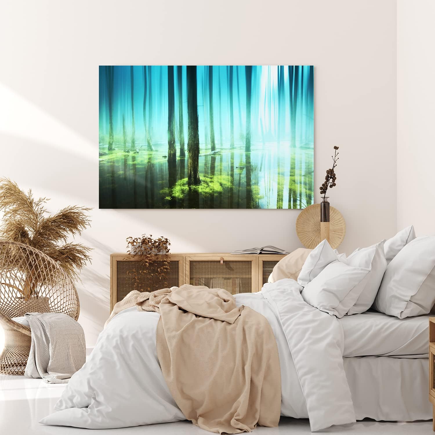 Paul Sinus Wandbild 120x80cm Wald Bäume See Wasserwald Kunstvoll Sonnenlicht Blau