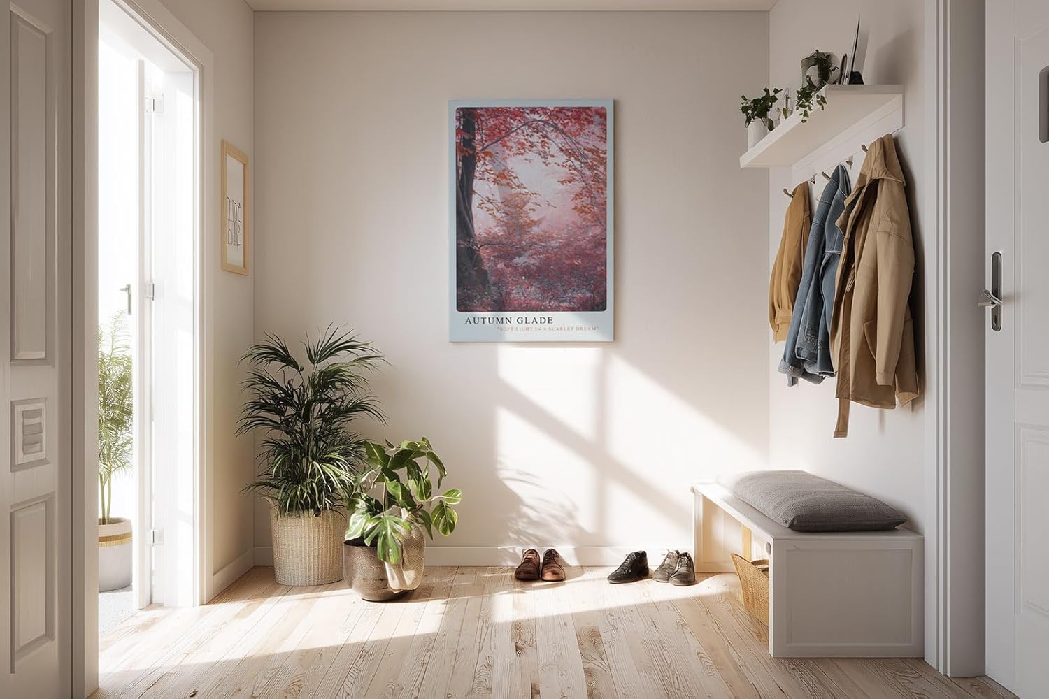 Paul Sinus Kunstdruck 40x60cm Autumn Glade – Waldlandschaft in Rot und Rosa mit Nebelstimmung und herbstlichem Licht