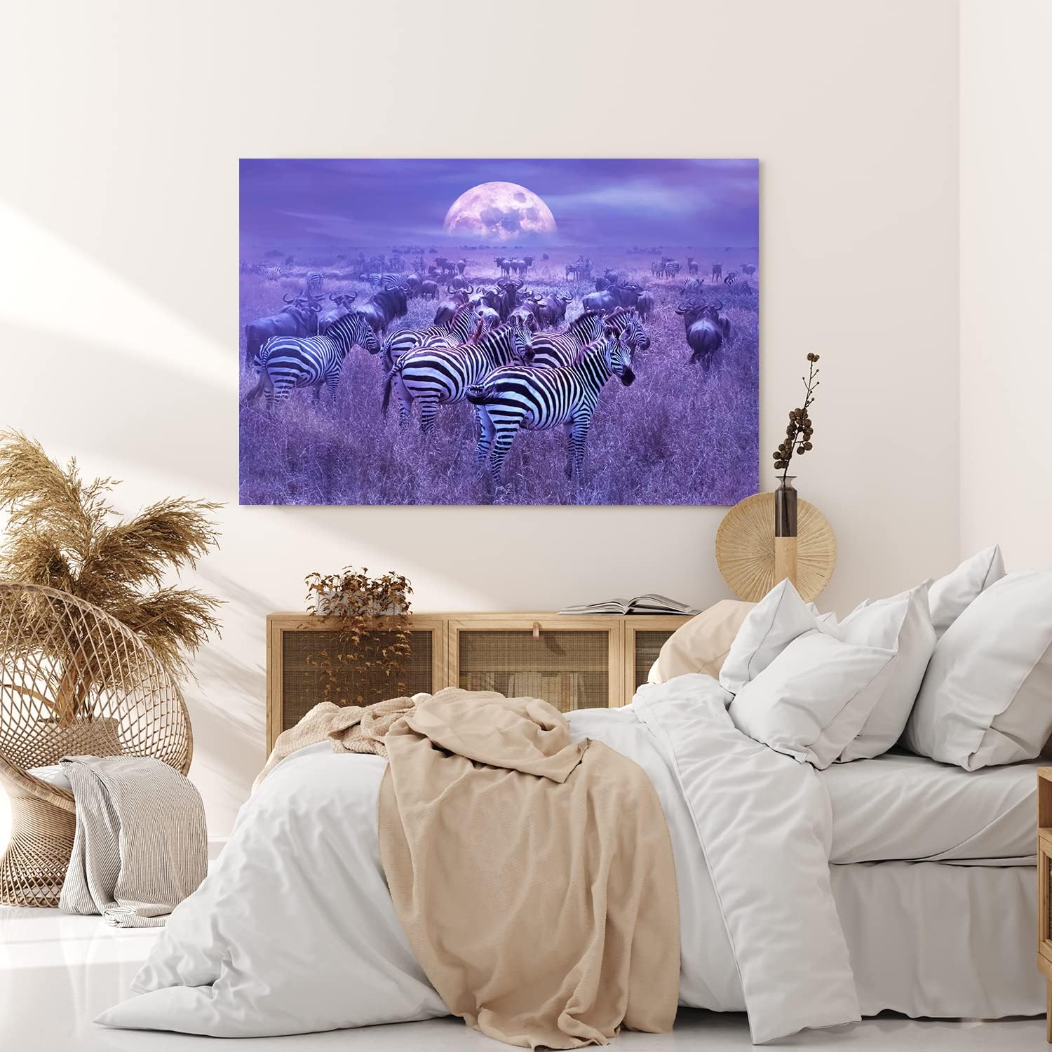 Paul Sinus Wandbild 120x80cm Afrika Landschaft Wildnis Zebras Gnus Herden Vollmond