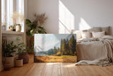 Sinus Art Wandbild 120x80cm Idyllische Szene mit Bergsee, herbstlicher Wiese und Tannenwald für naturverbundene Räume