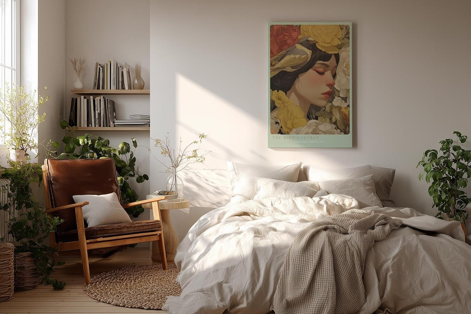 Paul Sinus Wandbild in 40x60cm The Bird's Secret – Poetisches Porträt einer Frau mit Vogel und floraler Umrahmung in sanften Farbtönen