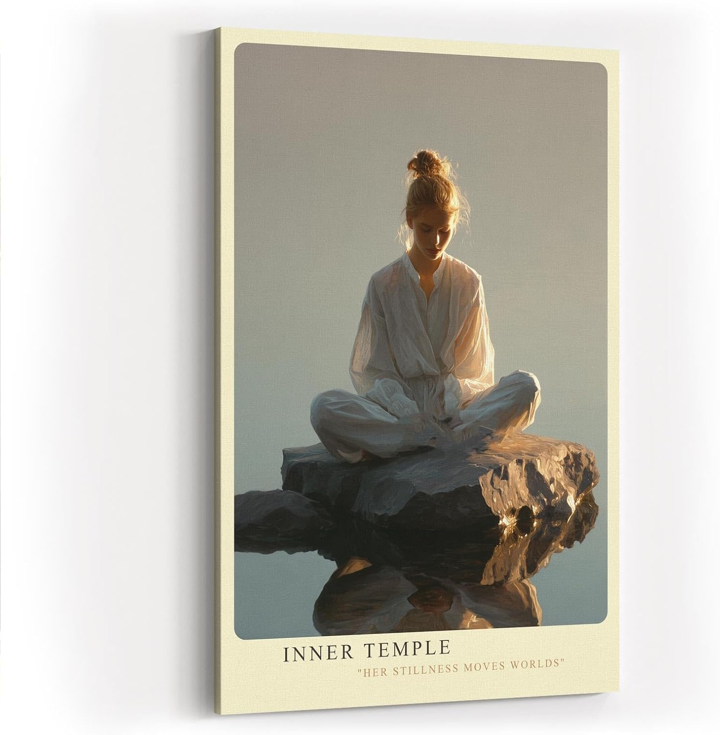Paul Sinus Wandbild in 40x60cm Inner Temple – Meditatives Porträt einer Frau in weißem Gewand, sitzend auf einem Felsen im Wasser bei sanftem Morgenlicht, moderne Bilder in warmen Tönen