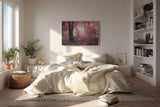Sinus Art Wandbild 120x80cm Roter Herbstwald mit dichter Vegetation und nebligem Licht – geheimnisvoll und bezaubernd