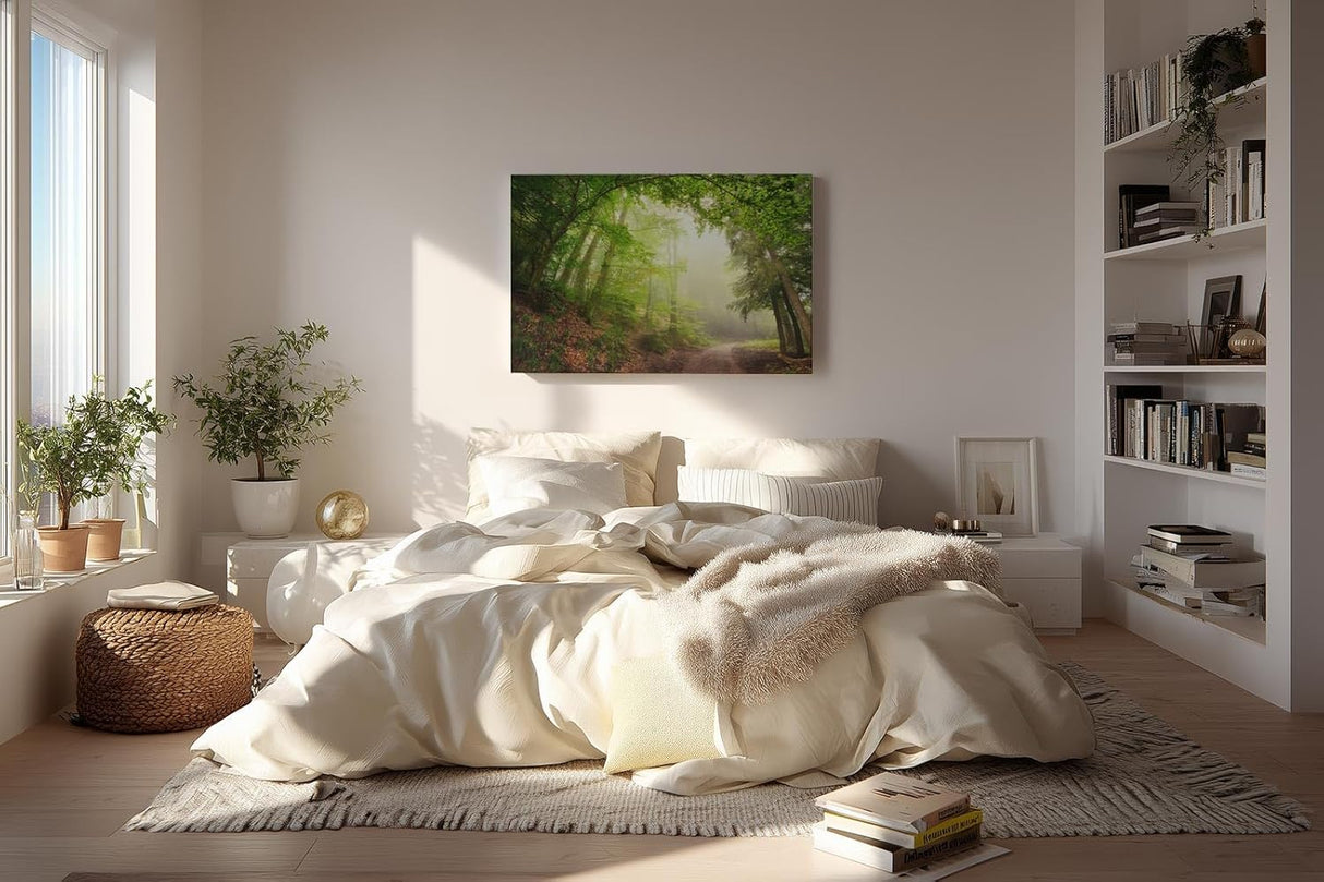 Sinus Art Wandbild 120x80cm Faszinierender Waldweg mit mystischem Nebel für Ruhe und Tiefe in jedem Raum