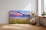 Sinus Art Wandbild 120x80cm Morgennebel über farbiger Wildblumenwiese – ideal für naturverbundene Raumgestaltung
