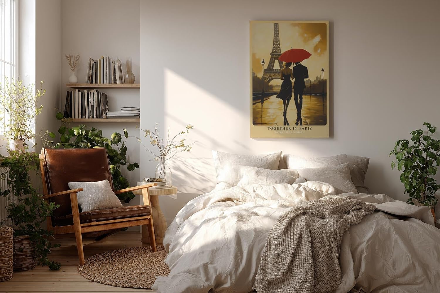 Paul Sinus Wandbild in 40x60cm Together in Paris – romantische Szene eines Paares mit rotem Schirm vor dem Eiffelturm für elegante Raumgestaltung
