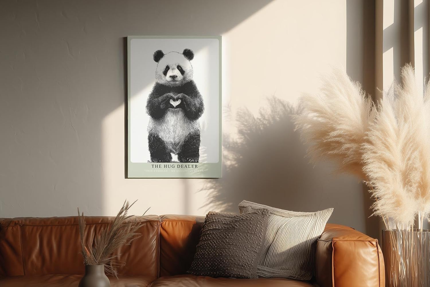 Paul Sinus Wandbild in 40x60cm The Hug Dealer Panda mit Herzgeste schwarz-weiße Tierillustration auf Leinwand