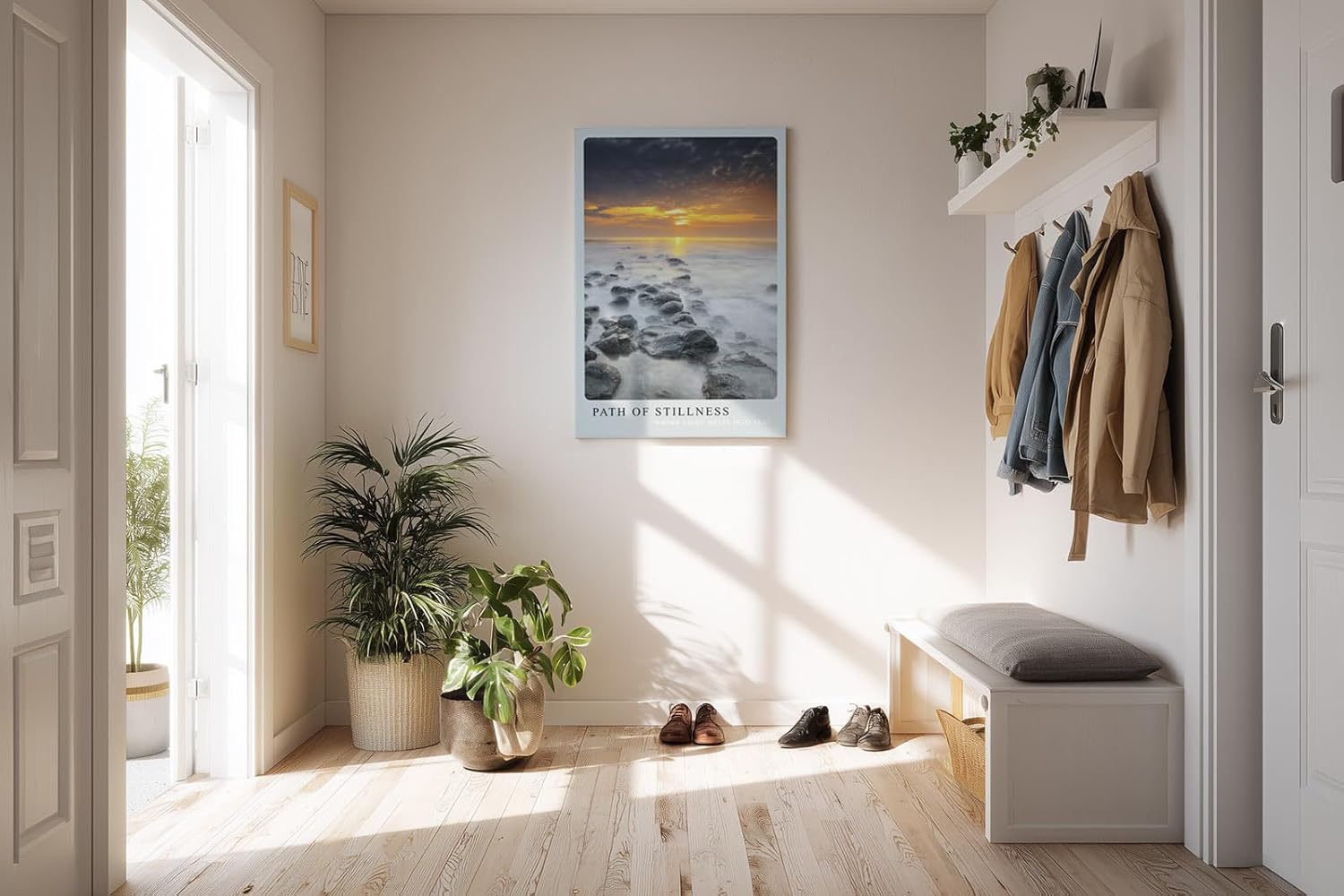 Paul Sinus Kunstdruck 40x60cm Path of Stillness – Sonnenuntergang über ruhiger Küste mit dunklen Steinen im Wasser