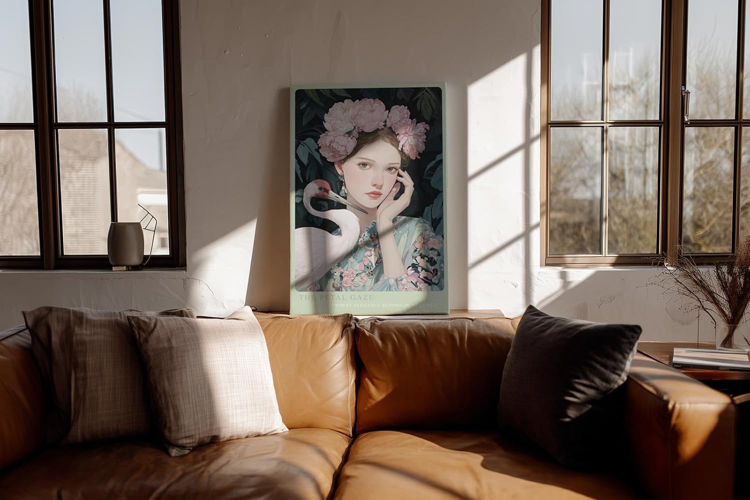 Paul Sinus Wandbild in 40x60cm Porträt einer jungen Frau mit Blumenkrone und Kranich in harmonischer Komposition