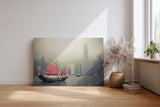 Sinus Art Wandbild 120x80cm Die rote Dschunke bildet einen spannenden Kontrast zur modernen Skyline im Hintergrund