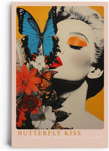 Paul Sinus Leinwandbild 40x60cm Schmetterlingskuss – Elegantes Pop-Art-Porträt mit leuchtenden Farben, floralen Elementen und surrealer Ästhetik