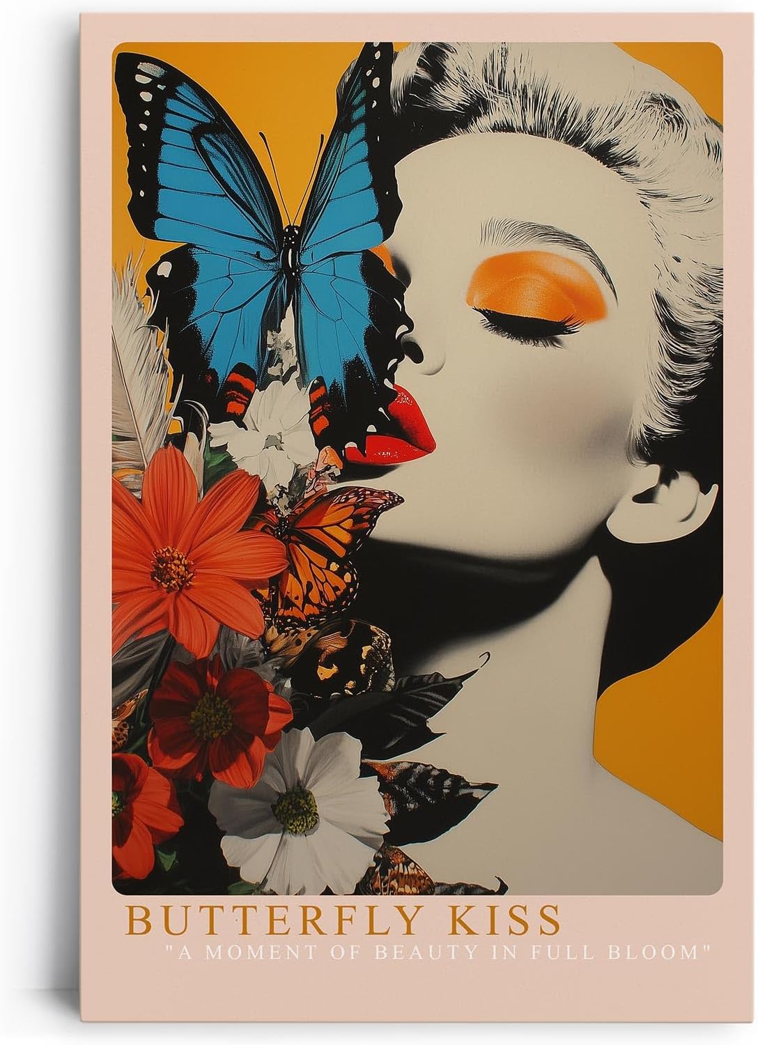 Paul Sinus Leinwandbild 40x60cm Schmetterlingskuss – Elegantes Pop-Art-Porträt mit leuchtenden Farben, floralen Elementen und surrealer Ästhetik