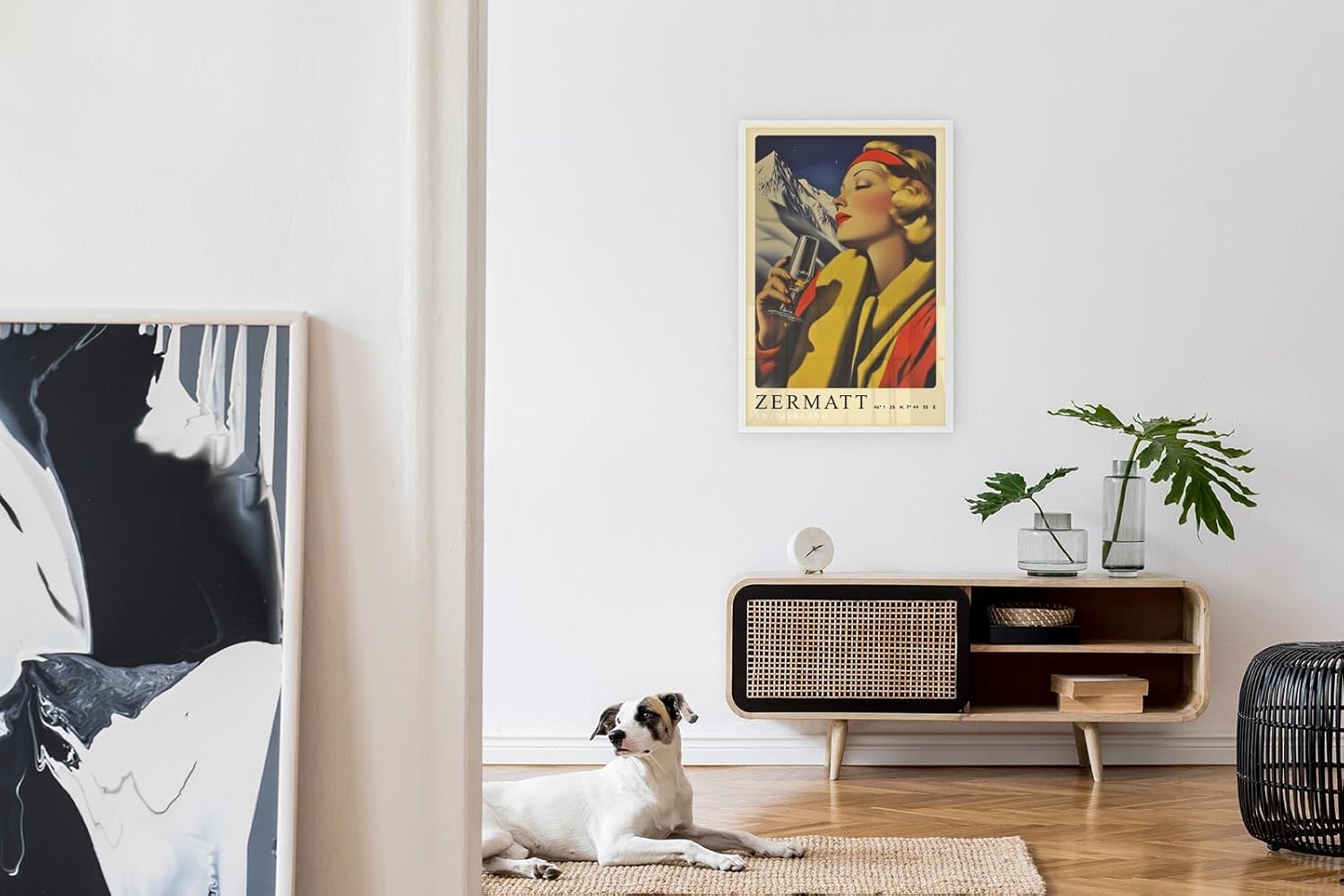 Paul Sinus Leinwandbild 40x60cm Leinwandbild Retro Lady Zermatt Alpen Eleganz Vintage Stil Genuss Kunst Schweiz stilvolle Berglandschaft Nostalgie