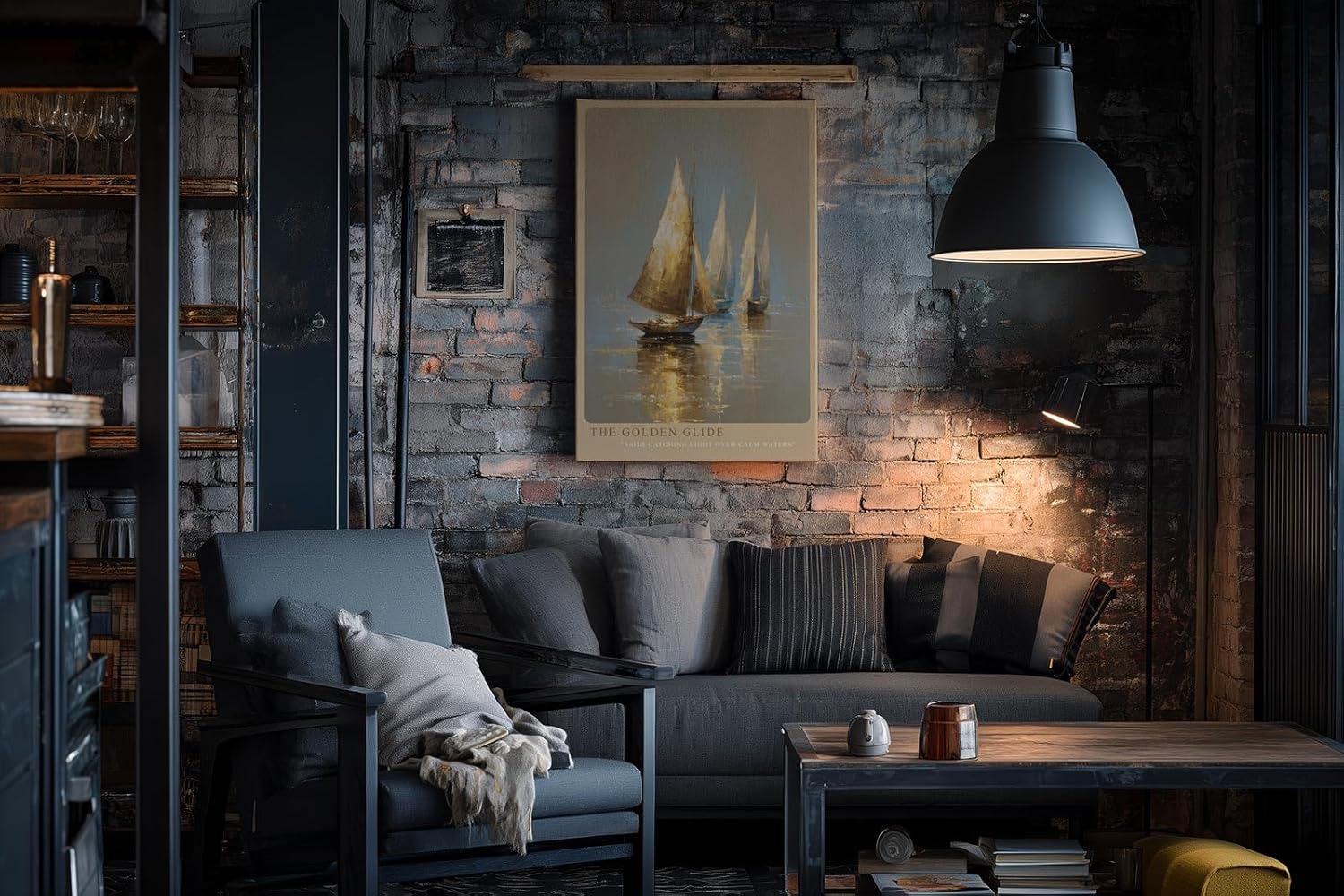 Paul Sinus Wandbild in 40x60cm The Golden Glide – Goldene Segelboote auf ruhigem Wasser im warmen Licht