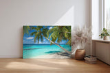 Sinus Art Wandbild 120x80cm Tropischer Strand mit weißen Sand und schattenspendenden Palmen als Urlaubsidyll