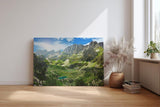 Sinus Art Wandbild 120x80cm Atemberaubendes Hochgebirgspanorama mit grünen Hängen und türkisfarbenem Bergsee im Tal