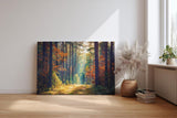 Sinus Art Wandbild 120x80cm Waldweg durch herbstlich gefärbten Wald mit Lichtspiel für gemütliche Raumwirkung