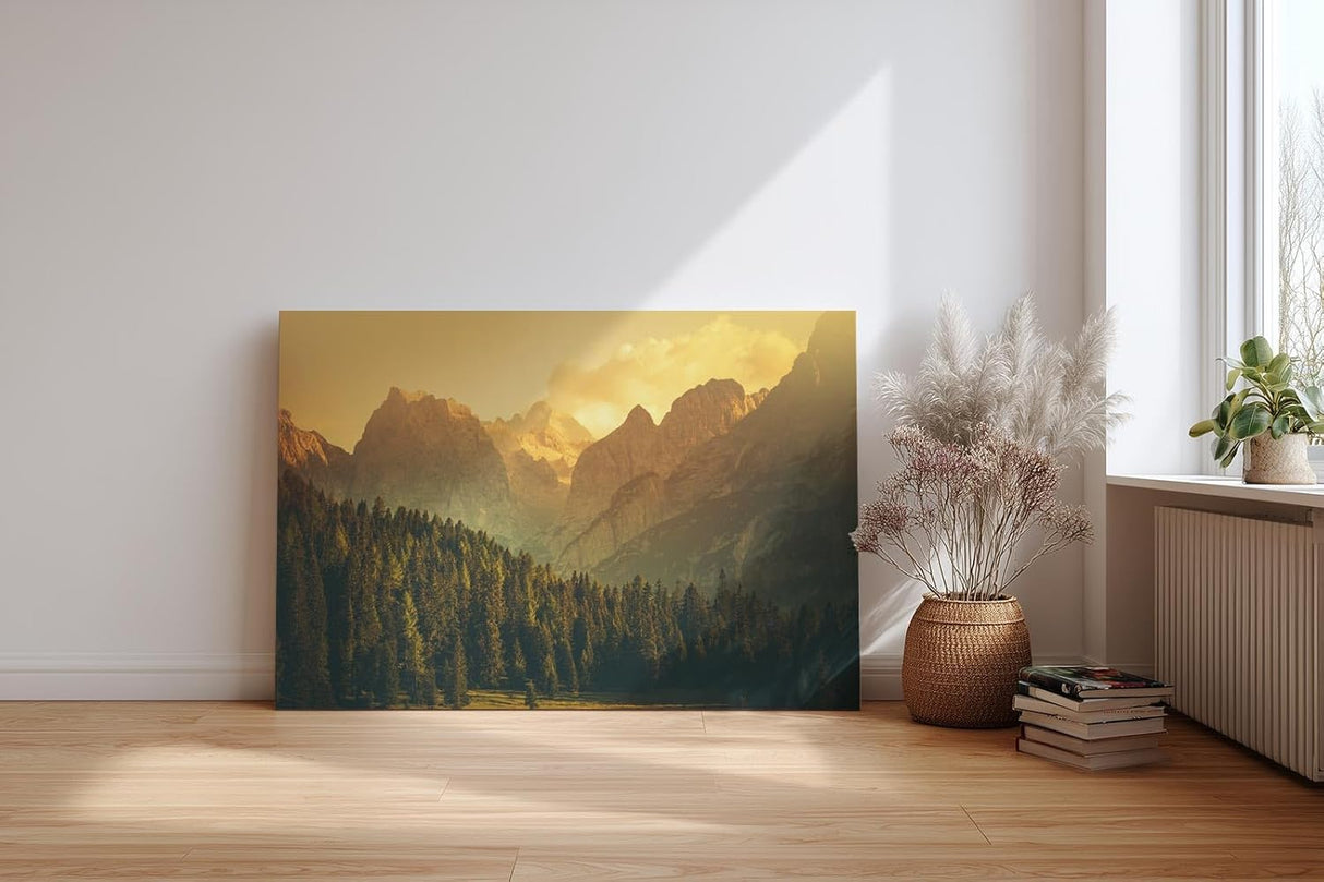 Sinus Art Wandbild 120x80cm Goldenes Abendlicht taucht die Berge und Wälder in sanfte, beruhigende Töne