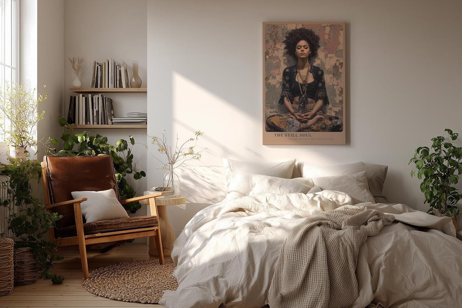 Paul Sinus Wandbild in 40x60cm The Still Soul mit meditierender Frau in Boho-Stil vor abstraktem Hintergrund für entspannende Wandgestaltung