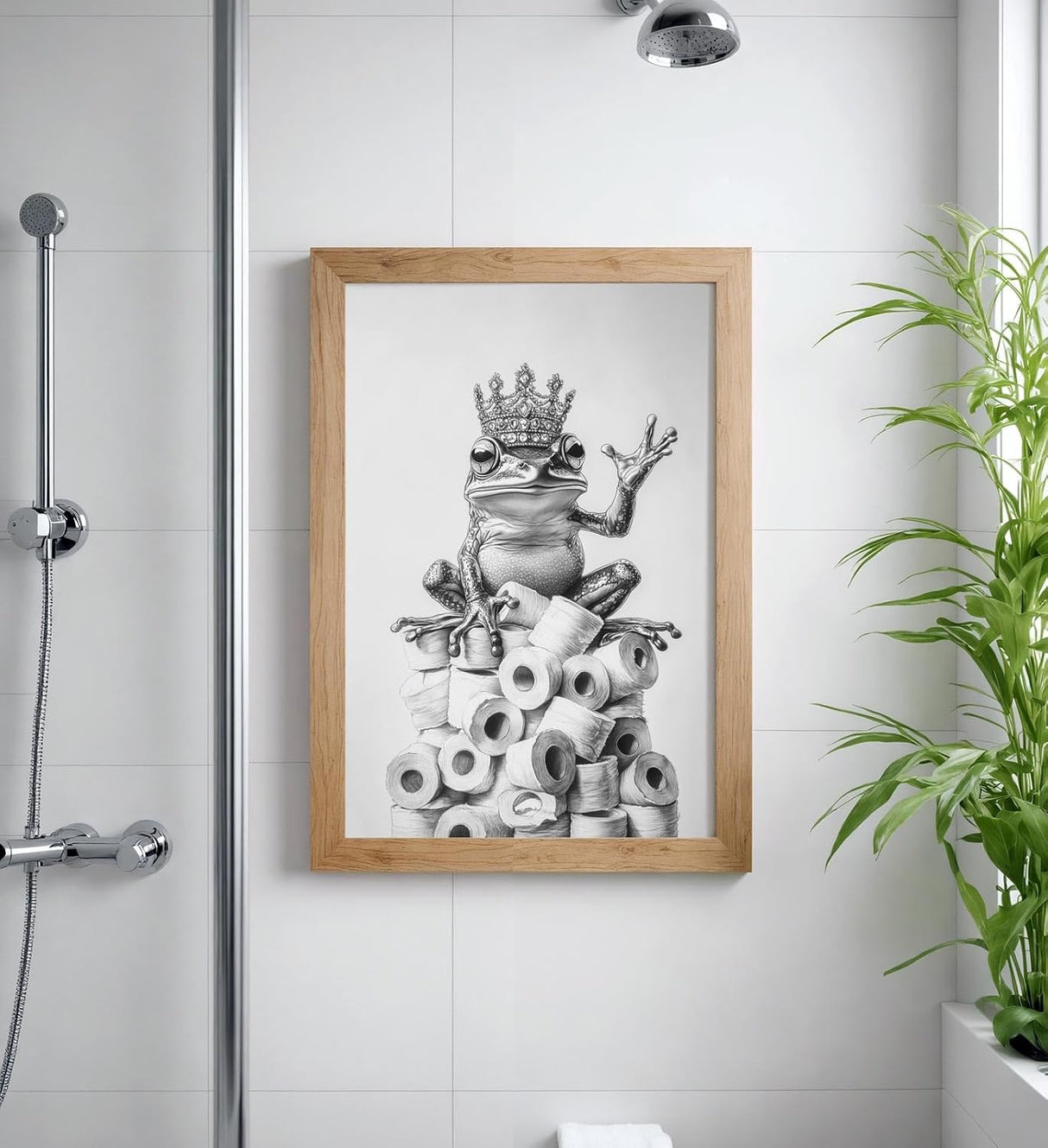 Paul Sinus Poster/Leinwandbild/Rahmenoption – Klopapier-König Frosch – Lustige WC-Deko für dein Badezimmer