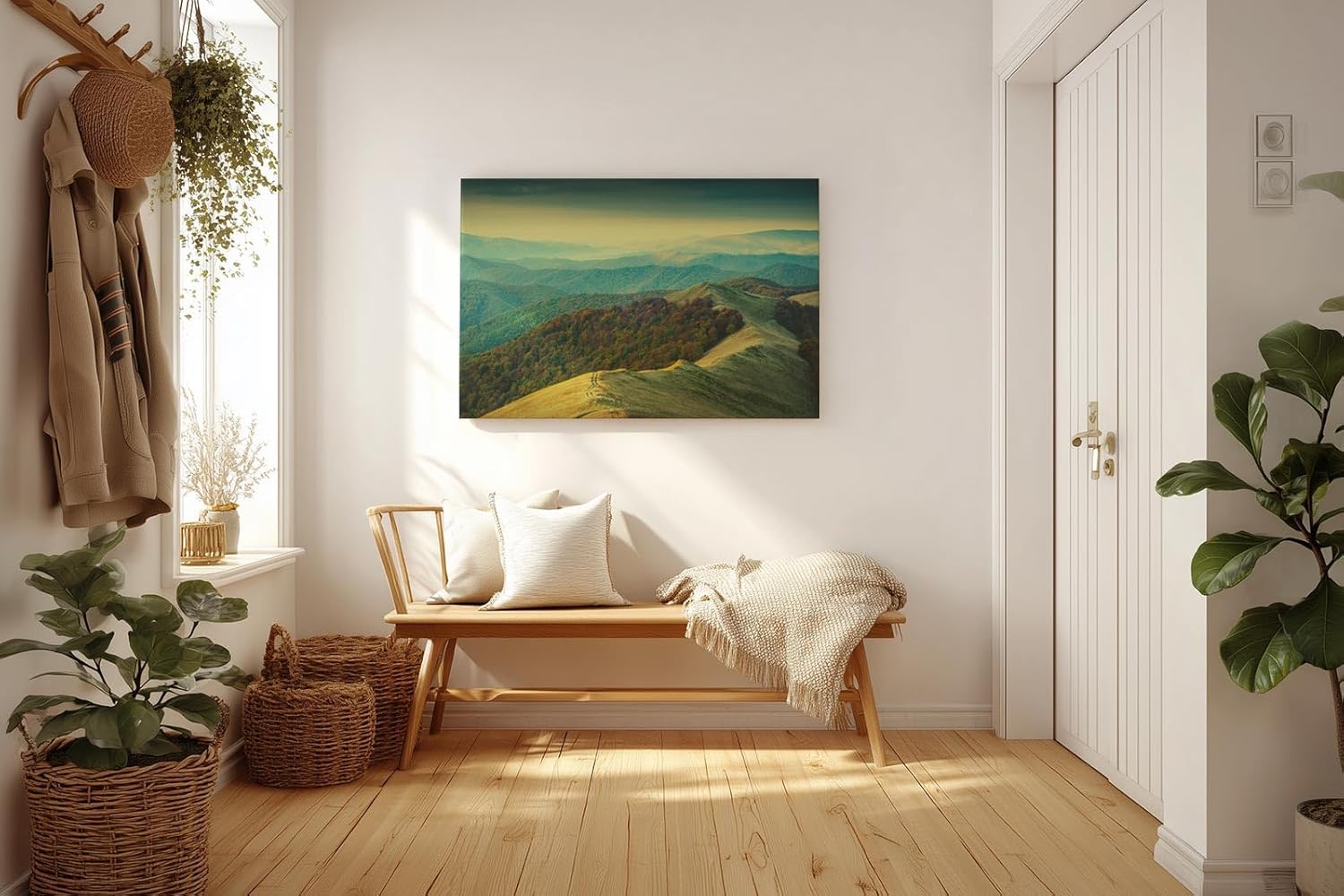 Sinus Art Wandbild 120x80cm Hügeliges Landschaftsmotiv mit natürlicher Lichtstimmung für beruhigende Raumwirkung