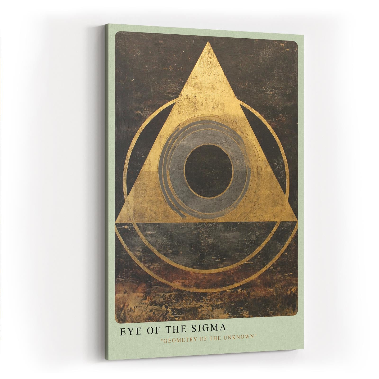Paul Sinus Wandbild in 40x60cm Eye of the Sigma – Abstrakte geometrische Komposition mit goldenem Dreieck und zentralem Kreis auf dunkler Strukturfläche