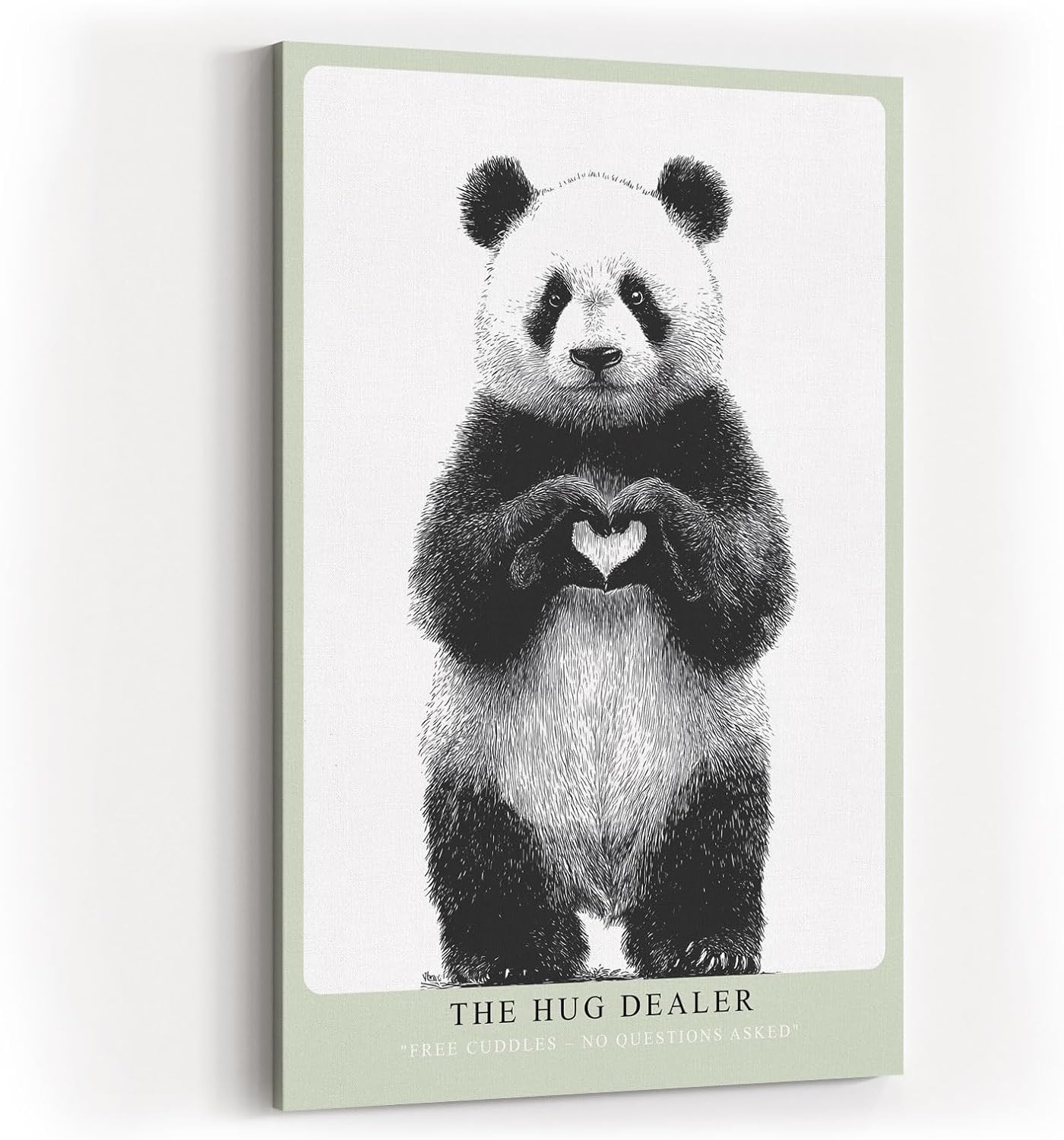 Paul Sinus Wandbild in 40x60cm The Hug Dealer Panda mit Herzgeste schwarz-weiße Tierillustration auf Leinwand