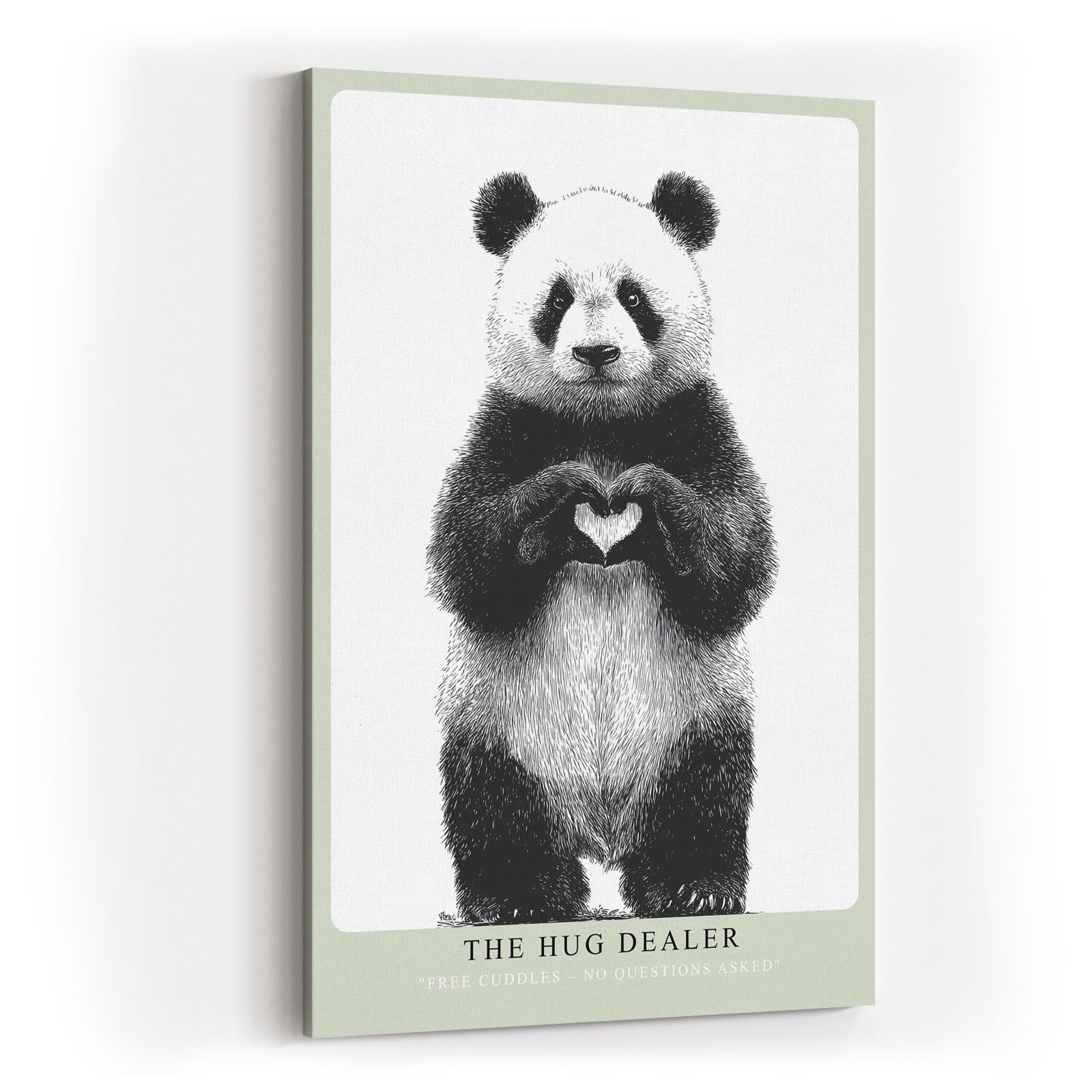 Paul Sinus Wandbild in 40x60cm The Hug Dealer Panda mit Herzgeste schwarz-weiße Tierillustration auf Leinwand