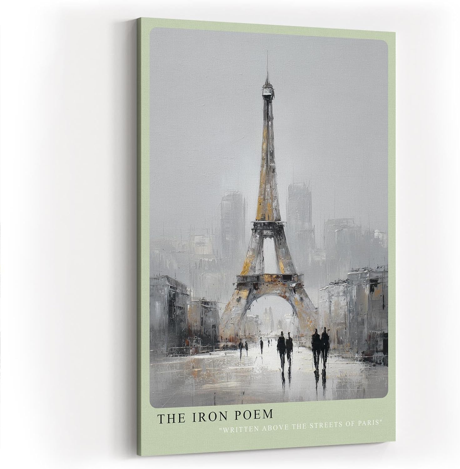 Paul Sinus Wandbild in 40x60cm The Iron Poem Eiffelturm in impressionistischer Darstellung mit Figuren im Vordergrund und grauer Stadtstimmung