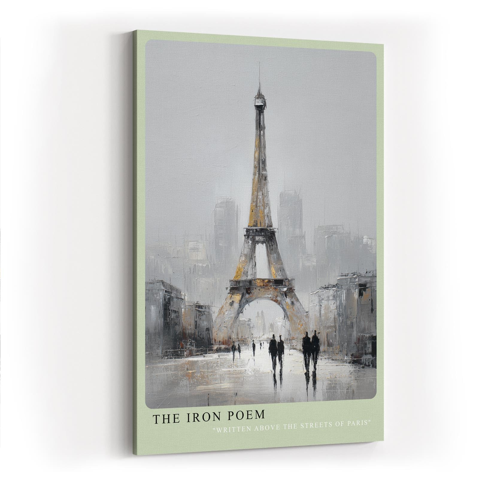 Paul Sinus Wandbild in 40x60cm The Iron Poem Eiffelturm in impressionistischer Darstellung mit Figuren im Vordergrund und grauer Stadtstimmung