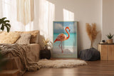 Paul Sinus Wandbild in 40x60cm The Flamingo Walk Eleganter Flamingo am Strand mit türkisfarbenem Meer im Hintergrund für stilvolle Raumgestaltung