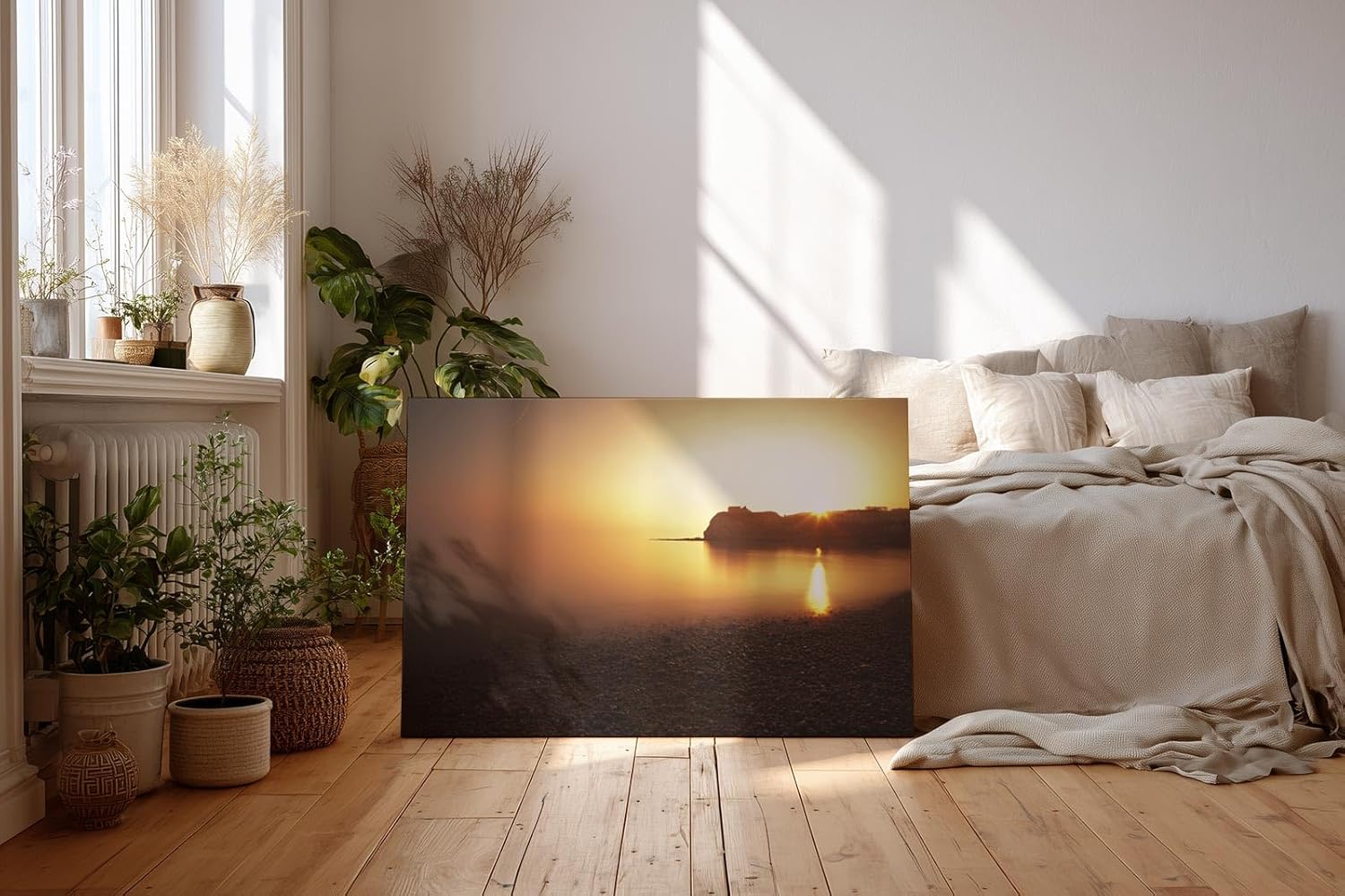 Sinus Art Wandbild 120x80cm Ruhiger Küstenstreifen im goldenen Abendlicht – meditativ, weit und beruhigend