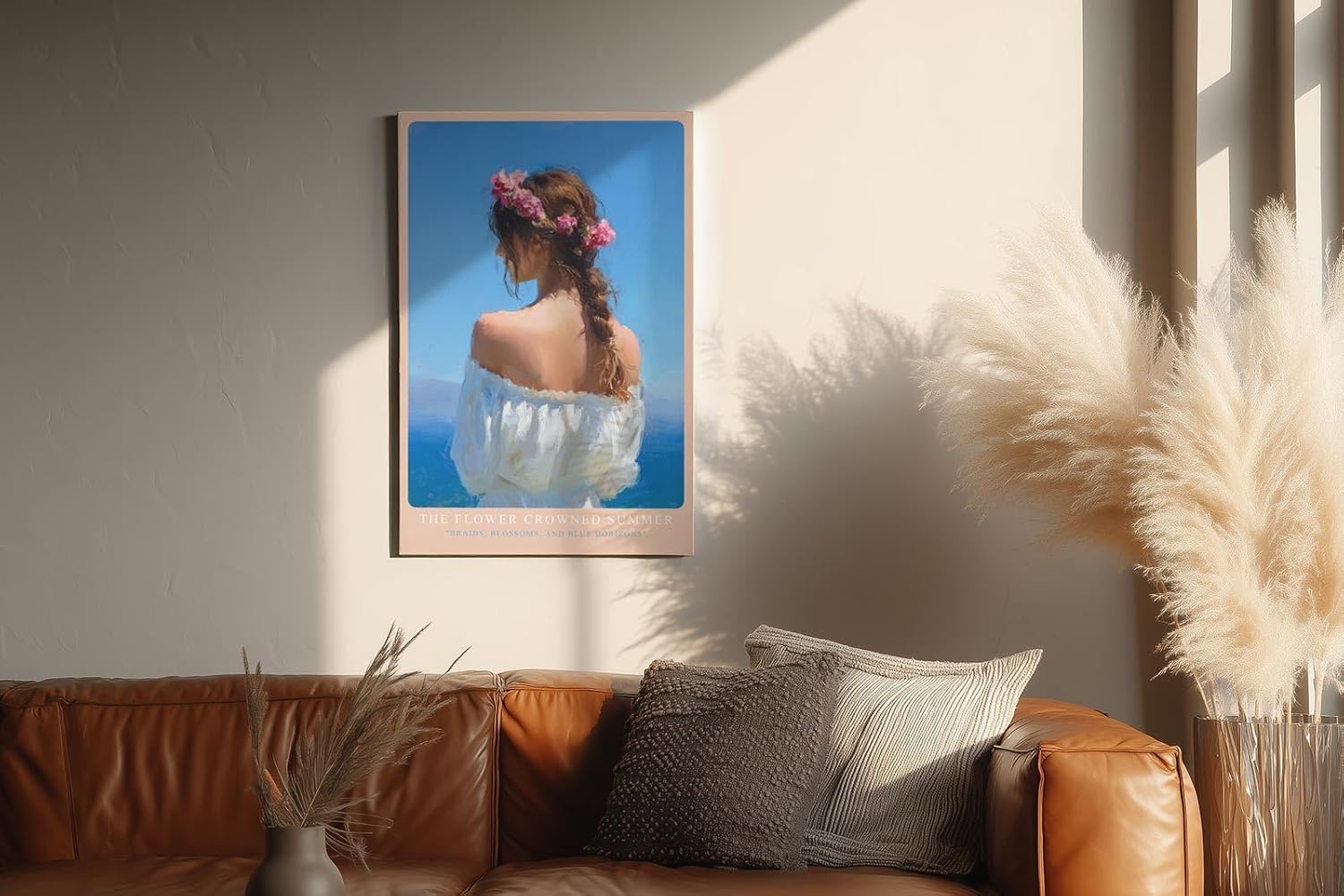 Paul Sinus Wandbild in 40x60cm The Flower Crowned Summer Romantic Woman with Floral Hair Wreath by the Sea in Sunlit Colors