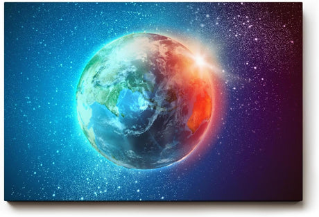 Sinus Art Wandbild 120x80cm Leuchtender Erdball vor funkelndem Sternenhimmel mit realistischer Tiefe