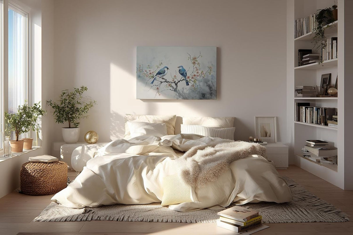 Sinus Art Wandbild 120x80cm Detailreiches Naturmotiv mit zwei blauen Vögeln auf blühendem Ast – filigran und stimmungsvoll gestaltet