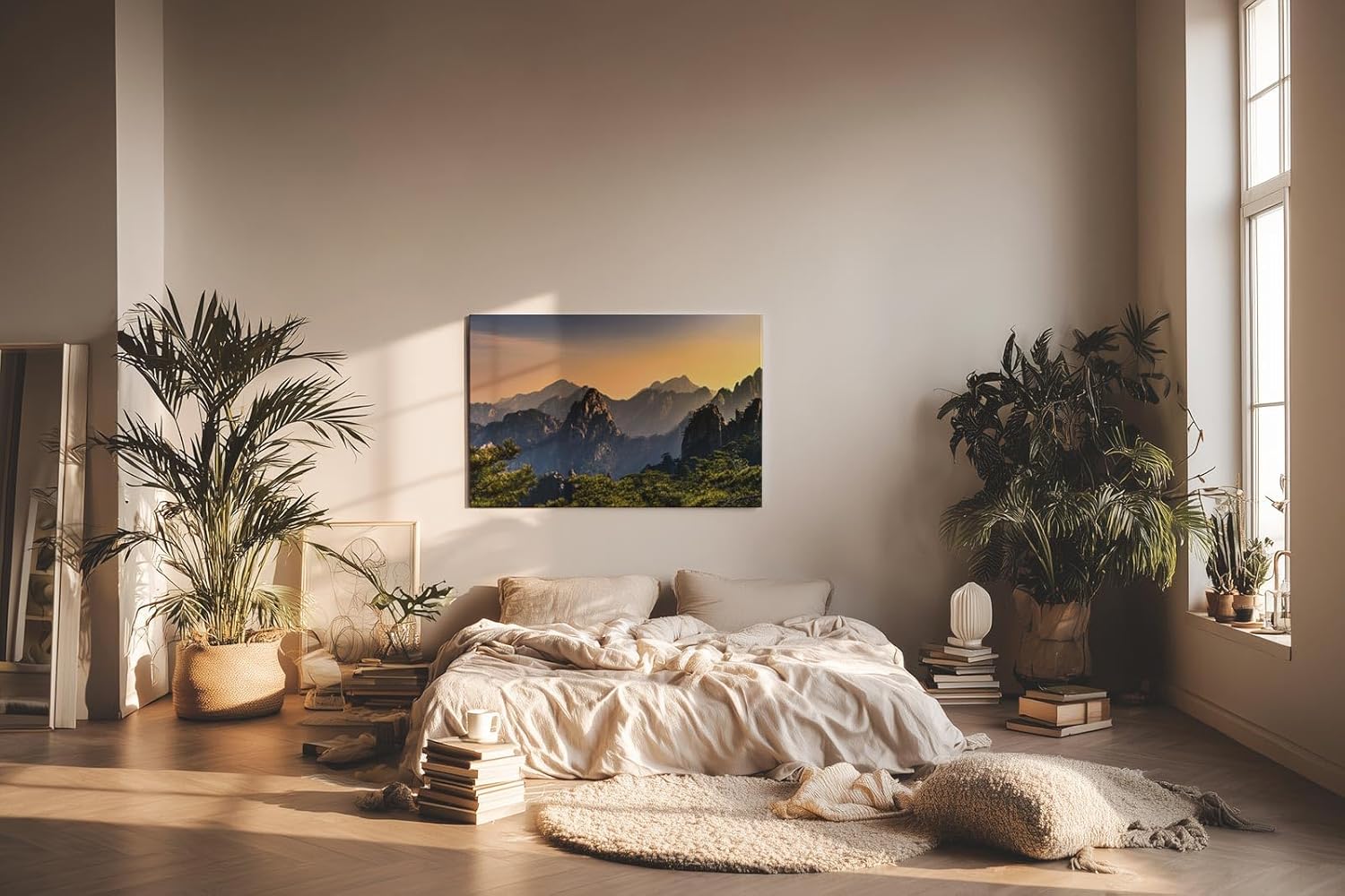 Sinus Art Wandbild 120x80cm Dramatische Berglandschaft mit goldenen Sonnenstrahlen und markanten Felsen