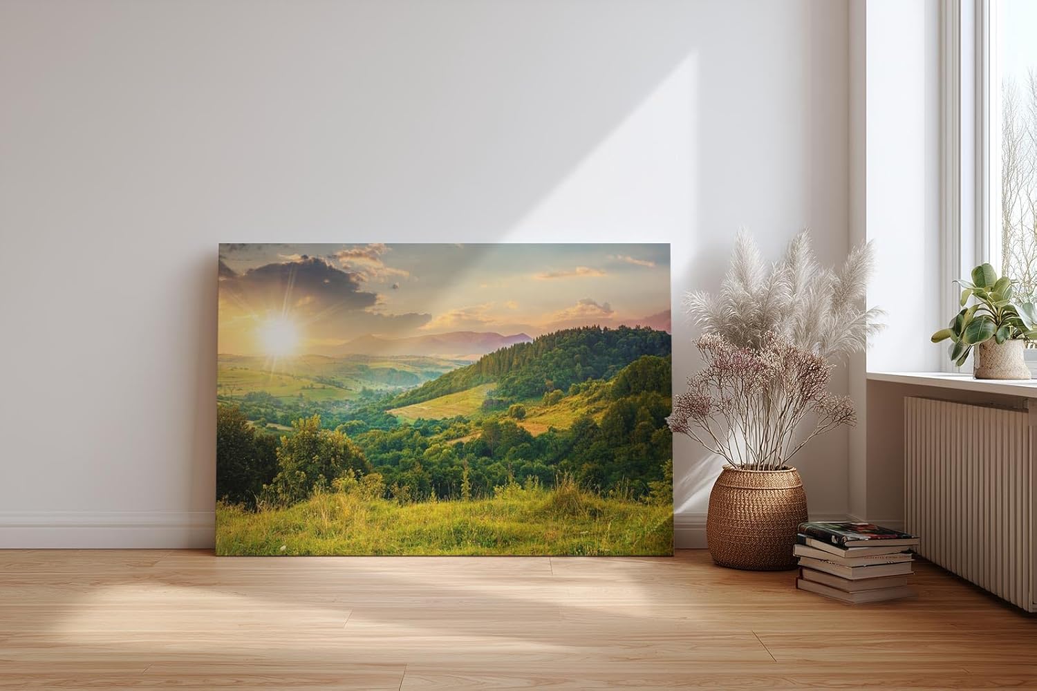 Sinus Art Wandbild 120x80cm Sanfte Hügellandschaft mit kräftigem Sonnenaufgang in natürlicher Weite