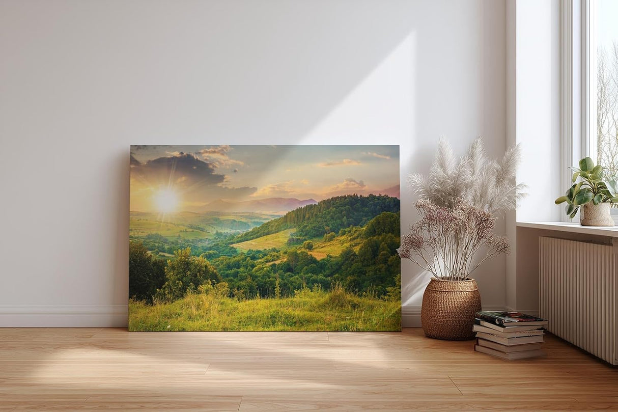 Sinus Art Wandbild 120x80cm Sanfte Hügellandschaft mit kräftigem Sonnenaufgang in natürlicher Weite