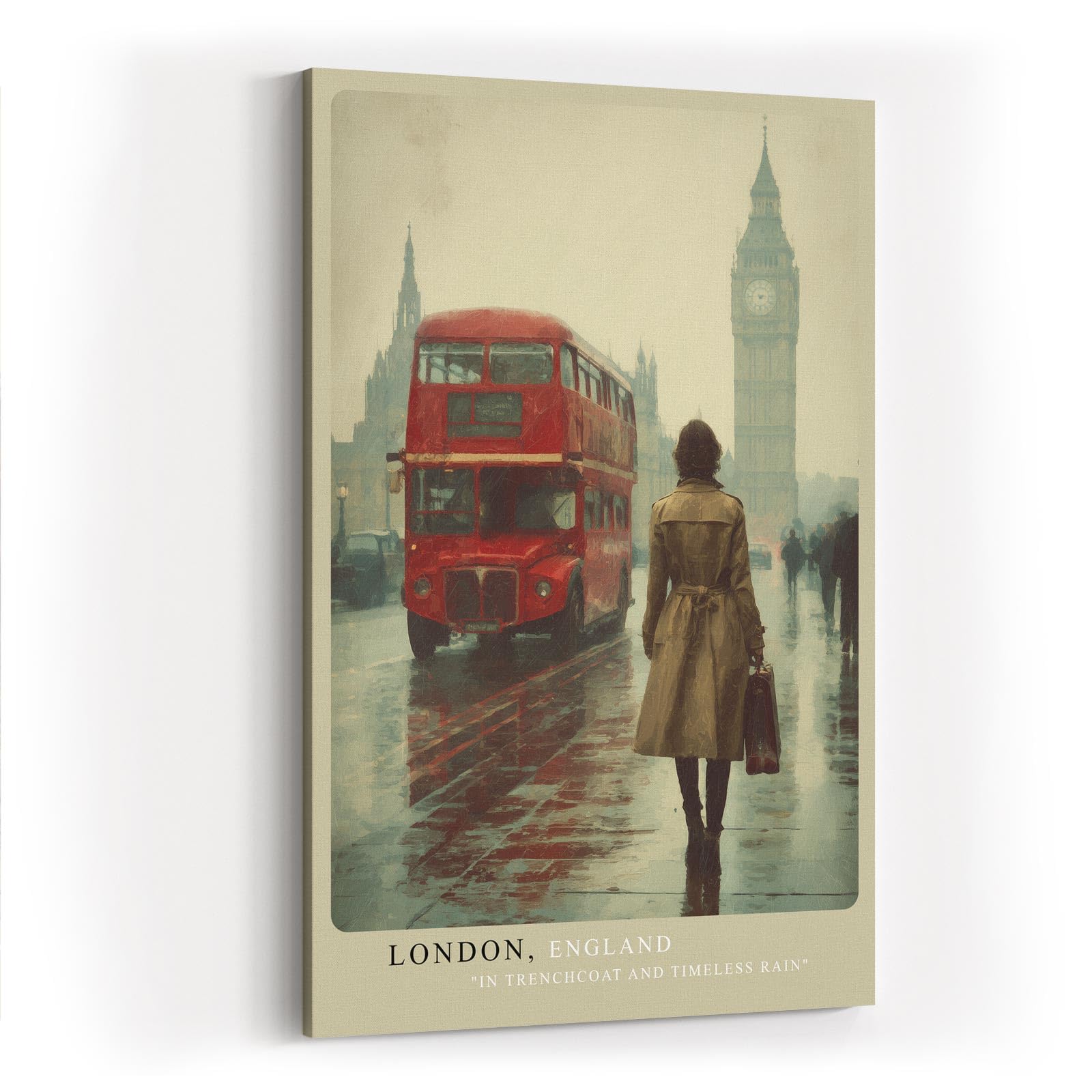 Paul Sinus Wandbild in 40x60cm London, England – Malerische Straßenszene mit rotem Doppeldeckerbus und Big Ben im Hintergrund, stilvolle Stadtansicht im Regen
