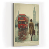 Paul Sinus Wandbild in 40x60cm London, England – Malerische Straßenszene mit rotem Doppeldeckerbus und Big Ben im Hintergrund, stilvolle Stadtansicht im Regen